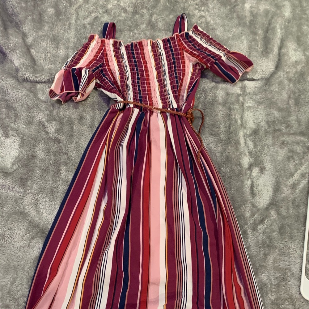 purple off the shoulder dress with belt
